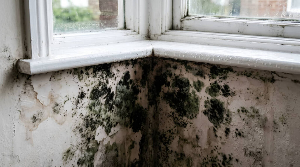 Mold growing on a damp wall beneath a window.