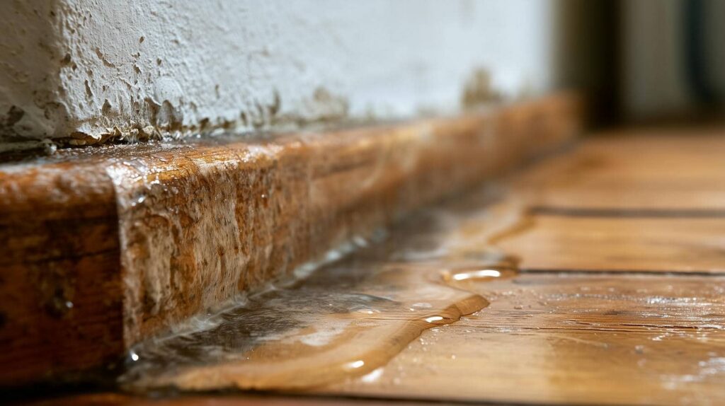 Water leaking and pooling along a wooden baseboard and floor near a wall.