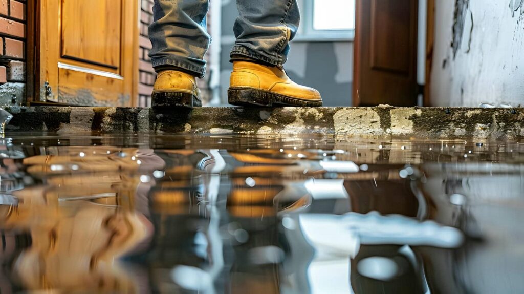 Person wearing yellow boots standing on a raised edge above a flooded floor indoors.