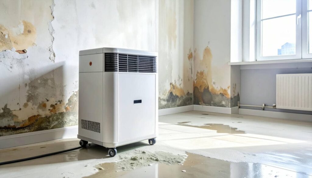 Dehumidifier on wheels in a room with moldy, water-damaged walls and wet floor.