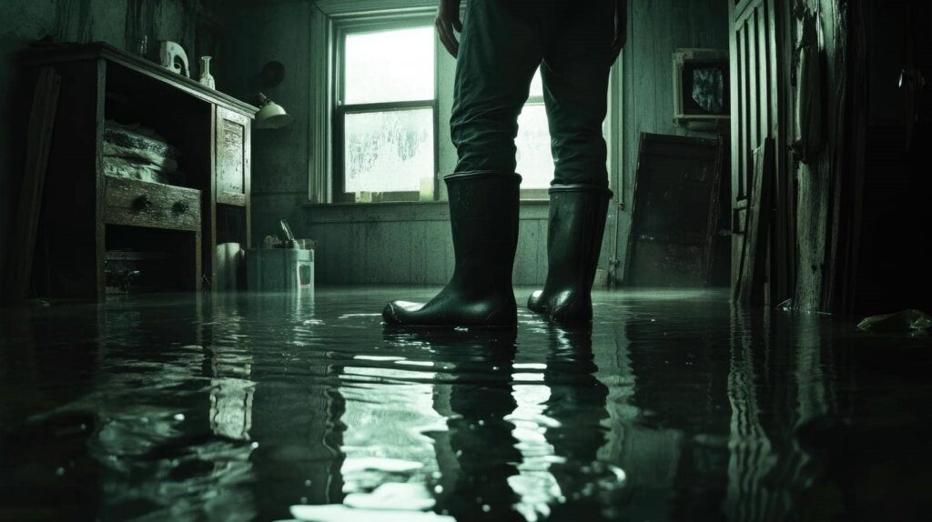 Person wearing black rubber boots standing in a flooded room with water reflecting the window light.