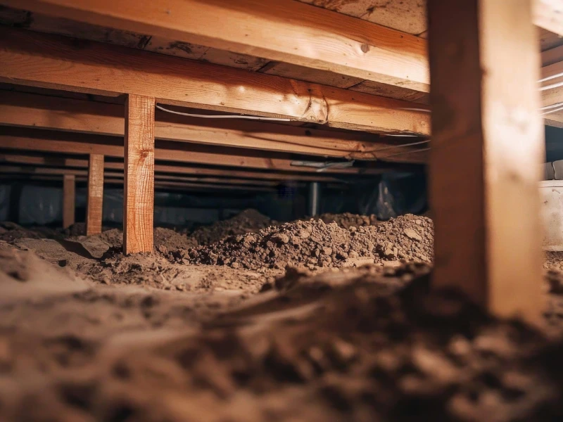 Dirt floor and wooden beams supporting a crawl space under a building. crawl space remediation