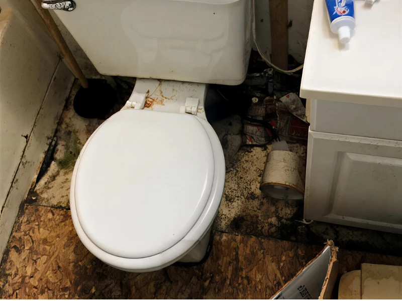 Toilet with closed lid in a dirty bathroom with stained floor and scattered trash. sewage cleanup