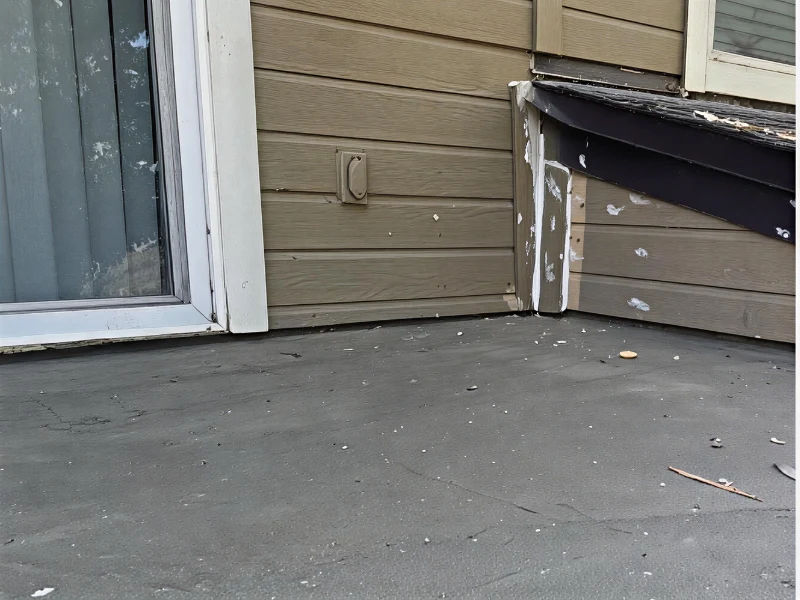 A flat roof section with peeling paint and debris near a sliding glass door and beige siding. waterproof deck systems