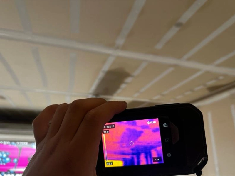 Hand holding a thermal imaging camera showing a heat map of a ceiling. mold inspection services