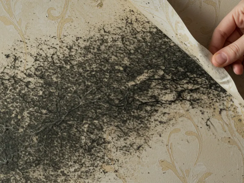 Hand peeling wallpaper revealing black mold growth on the wall underneath. mold remediation