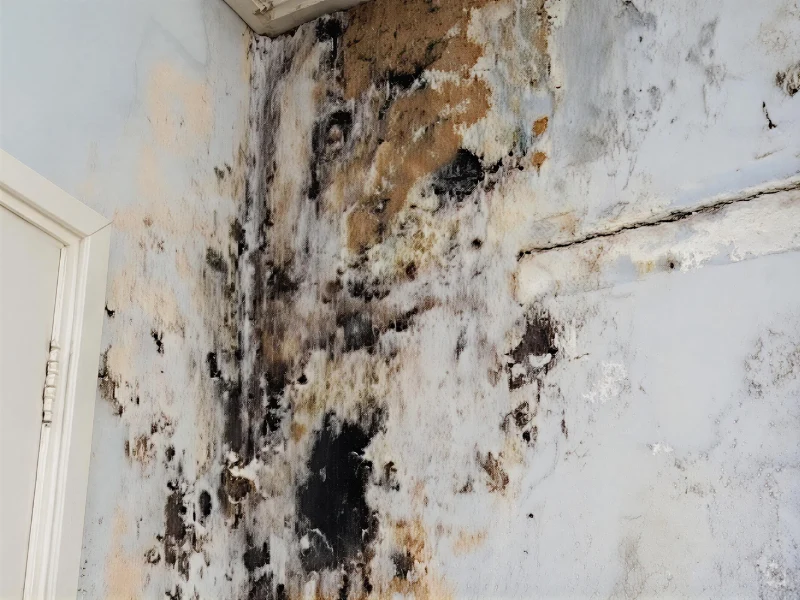 Wall corner with extensive black and brown mold growth on a white surface. mold remediation