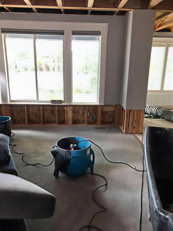 Blue air mover blower on carpet in a room with exposed ceiling and partially removed wall paneling. professional restoration company