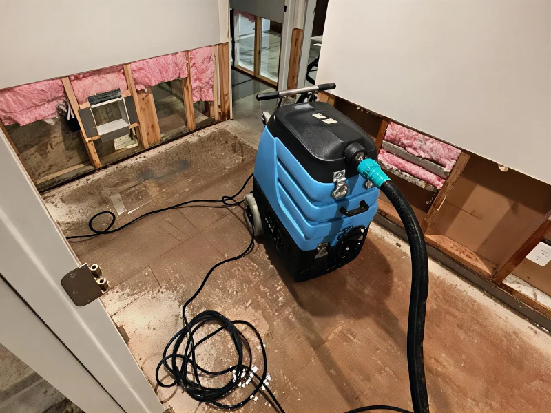 A blue and black water extraction machine on a bare floor with drywall removed exposing pink insulation. water damage restoration