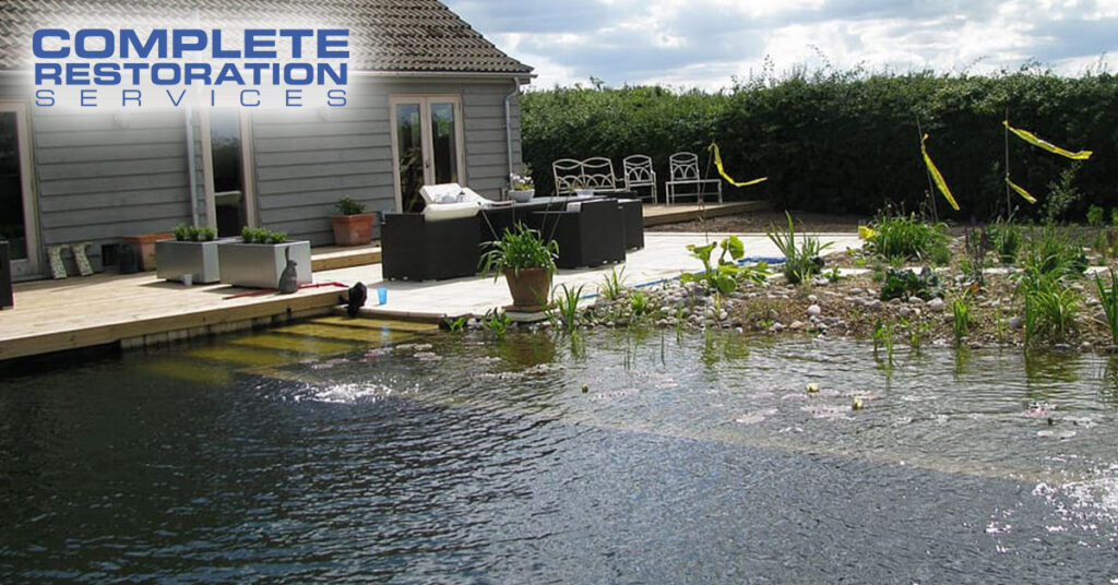 Backyard pond with patio furniture and plants near a modern house.