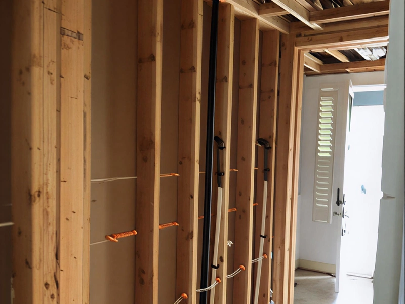 Unfinished wooden wall framing inside a building with an open door letting in light. reconstruction services